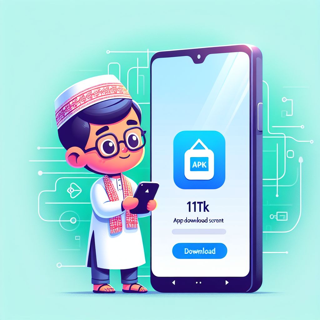 Cartoon character holding a smartphone with 111TK app interface and download icon