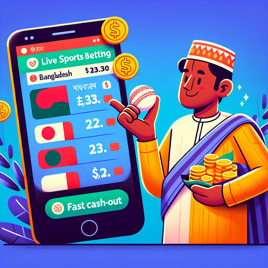 111TK bet cartoon character holding a phone with live odds and sports icons