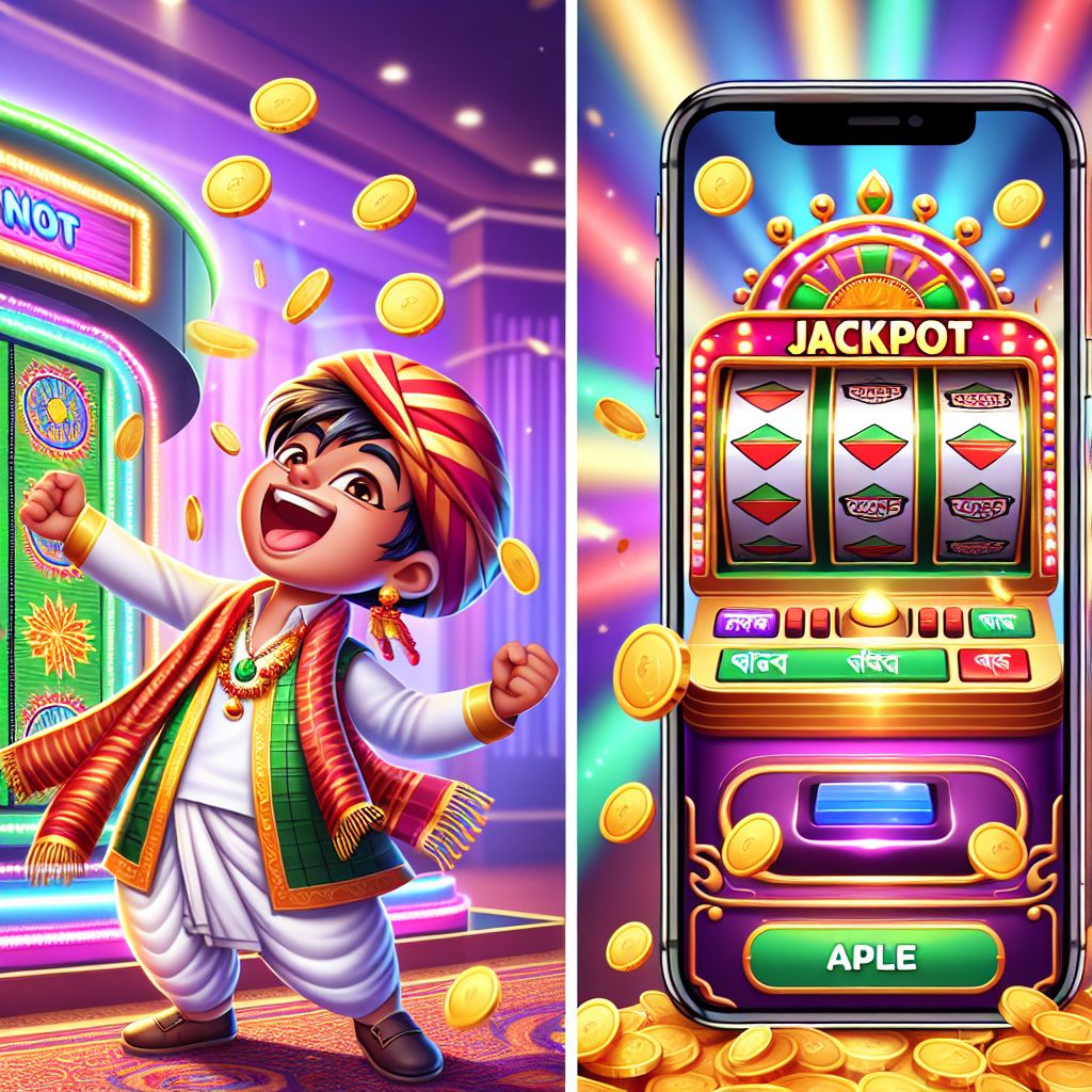 Cartoon slot spinner character with reels, coins, and jackpot lights